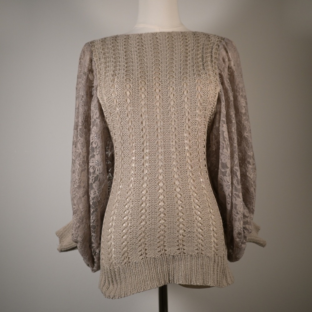 Gracia Taupe S/M Sweater Metallic Lace Balloon Sleeve Boho Cottagecore Romantic